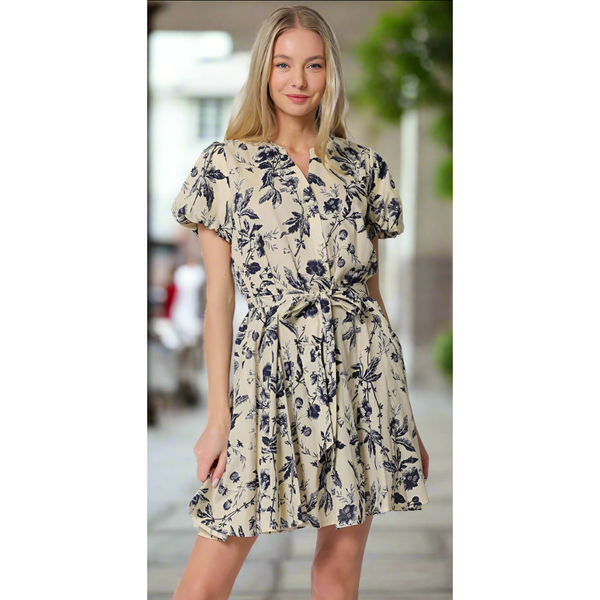 The Carrie Navy/Beige Floral Print Bubble Sleeve Mini Dress