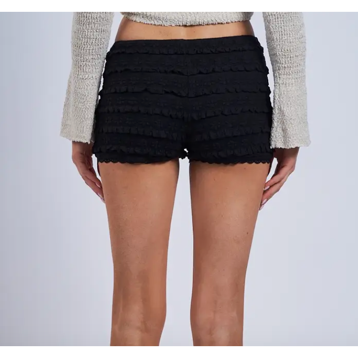 The Indio Black Tiered Ruffle Lace Micro Shorts