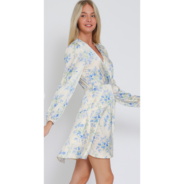 The Tess Ivory/Blue Floral Print Wrap Dress