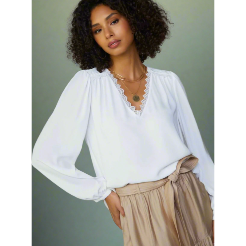 The Clarisse White Lace Trim V-Neck Top