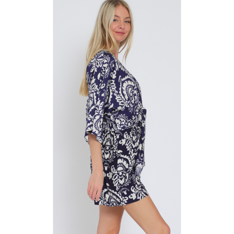 Tha Janet Blue/White Print Kimono Romper