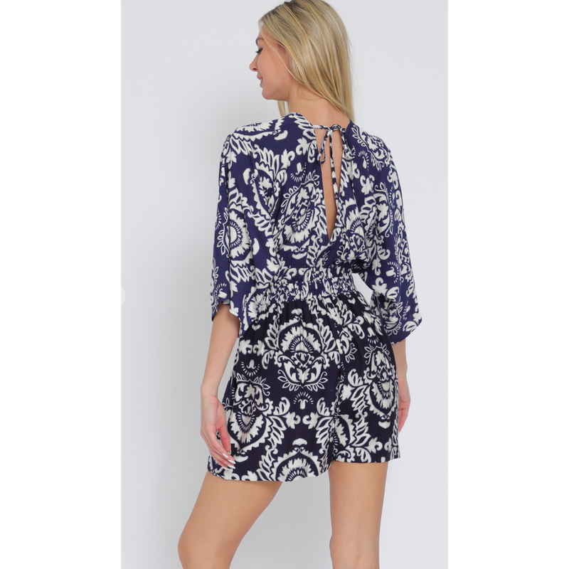 Tha Janet Blue/White Print Kimono Romper