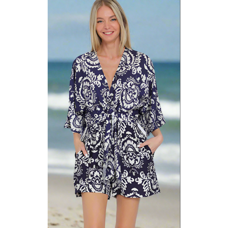 Tha Janet Blue/White Print Kimono Romper