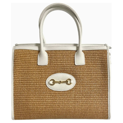 The Florence White Leather/Raffia Horsebit Handbag