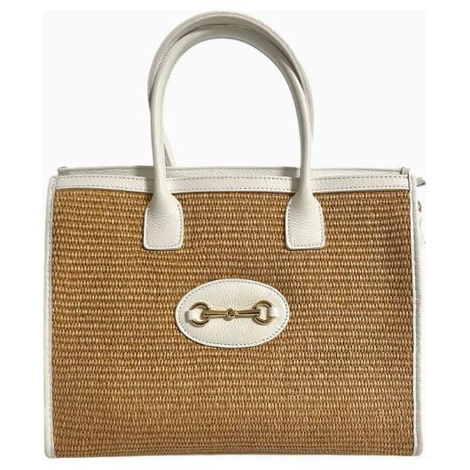The Florence White Leather/Raffia Horsebit Handbag