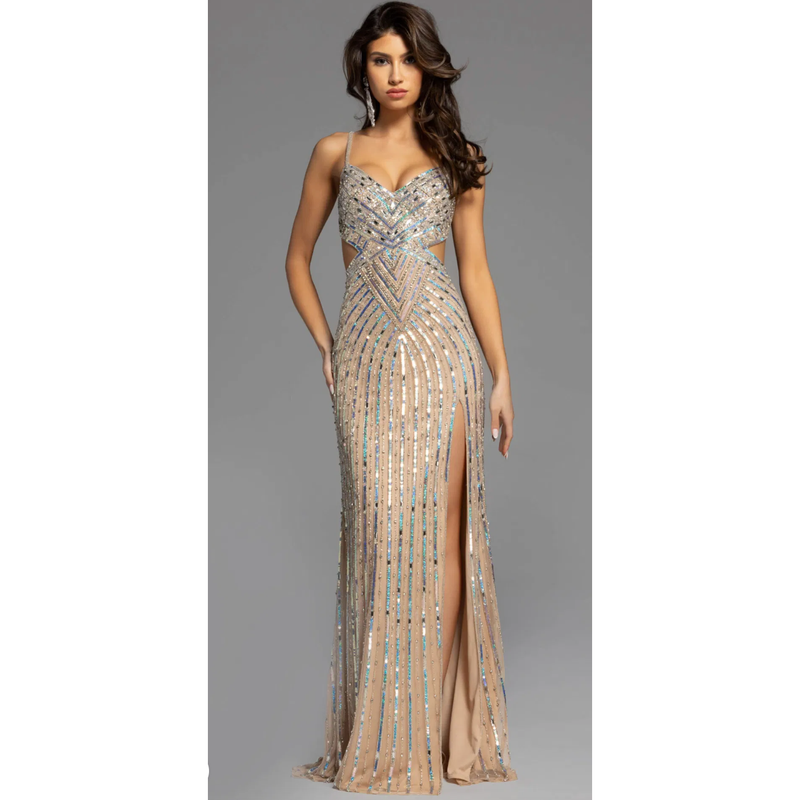 The Jovani 40060 Gold Sequin Embellish Cutout Gown