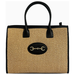 The Florence Black Leather/Raffia Horsebit Handbag