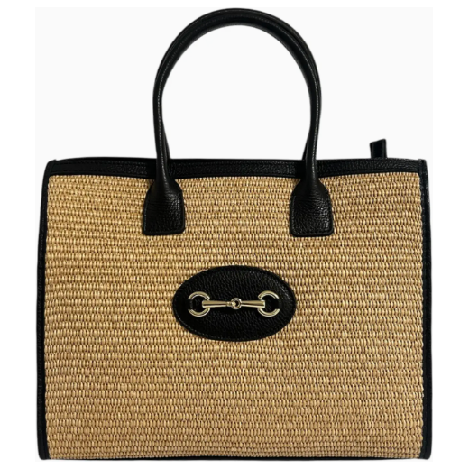 The Florence Black Leather/Raffia Horsebit Handbag