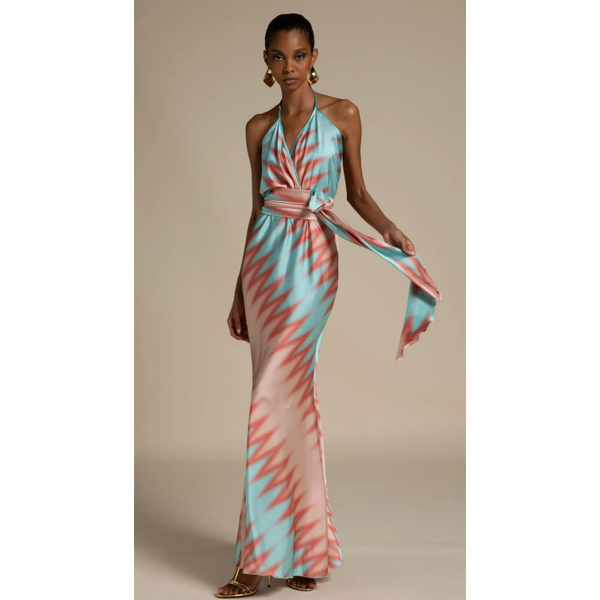 The Dania Aqua/Coral Satin Maxi Dress