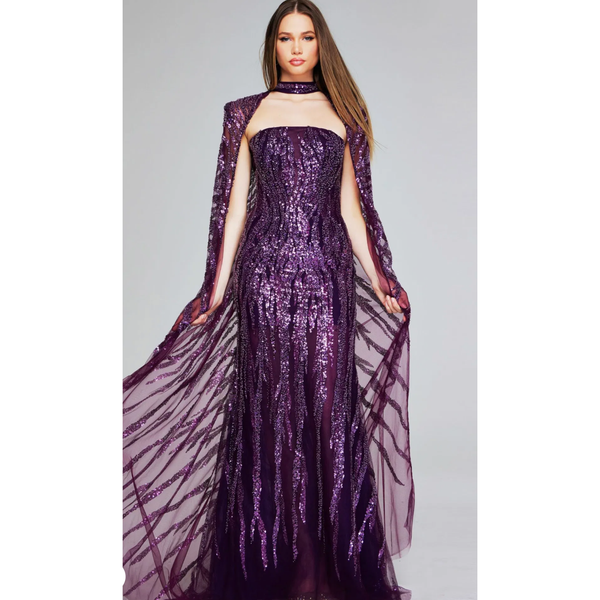 The Jovani 39046 Purple Strapless Gown w/Cape