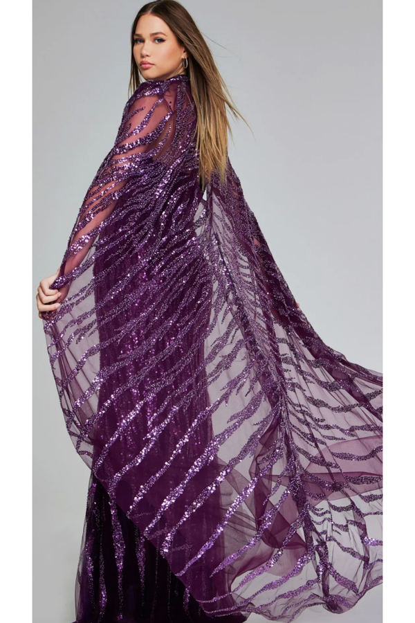 The Jovani 39046 Purple Strapless Gown w/Cape