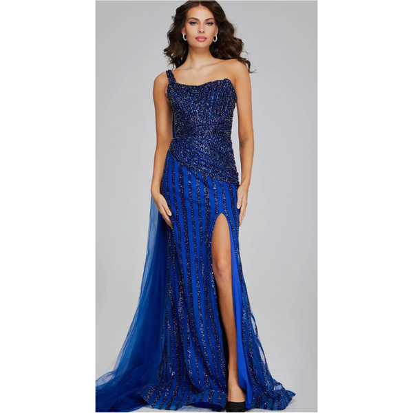 The Jovani 39386 Navy OneShoulder Navy Beaded Gown