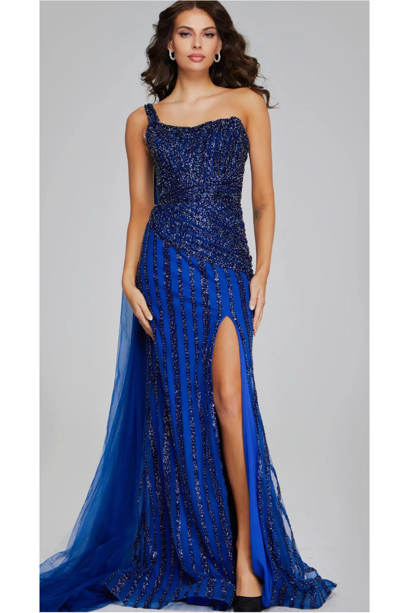 The Jovani 39386 Navy OneShoulder Navy Beaded Gown