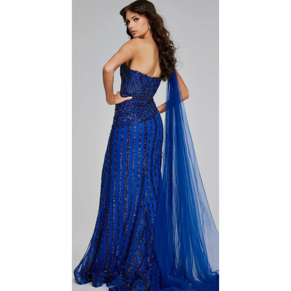 The Jovani 39386 Navy OneShoulder Navy Beaded Gown