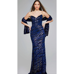 The Jovani 40181 Navy Strapless Beaded Gown
