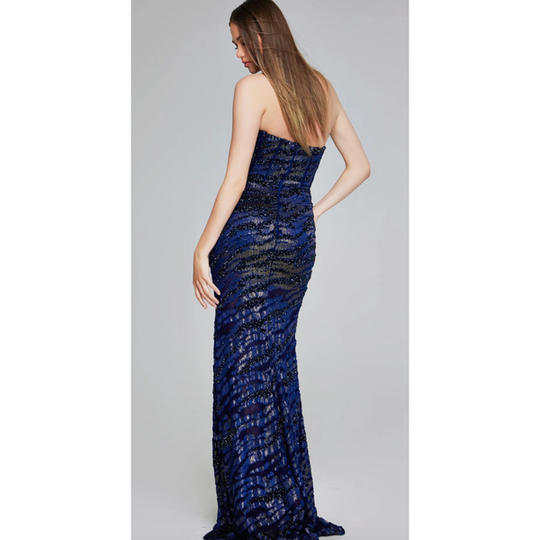 The Jovani 40181 Navy Strapless Beaded Gown