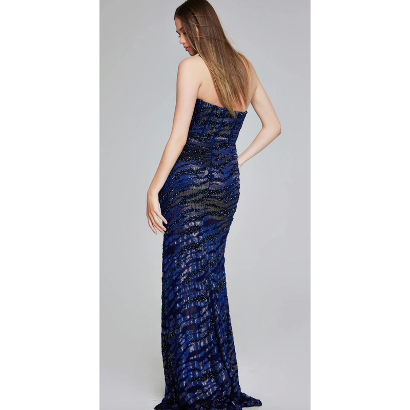 The Jovani 40181 Navy Strapless Beaded Gown