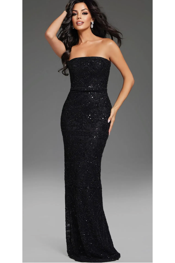 The Jovani 42137 Black Strapless Beaded Formal Gown with Cape