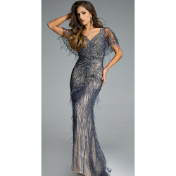 The Jovani 42198 Charcoal Embellished Feather Gown