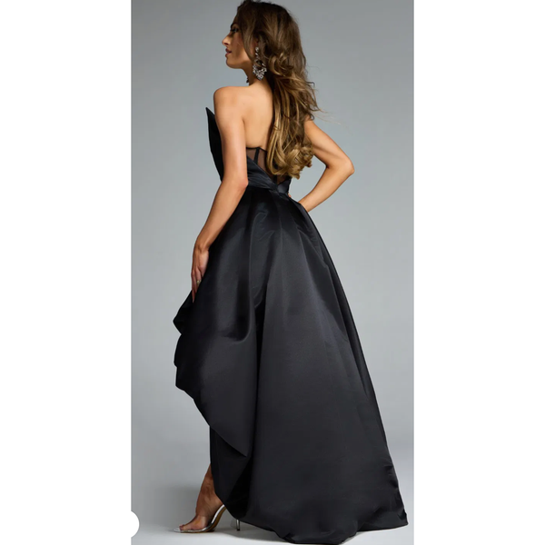 The Jovani 42357 Black Strapless High/Low Satin Gown