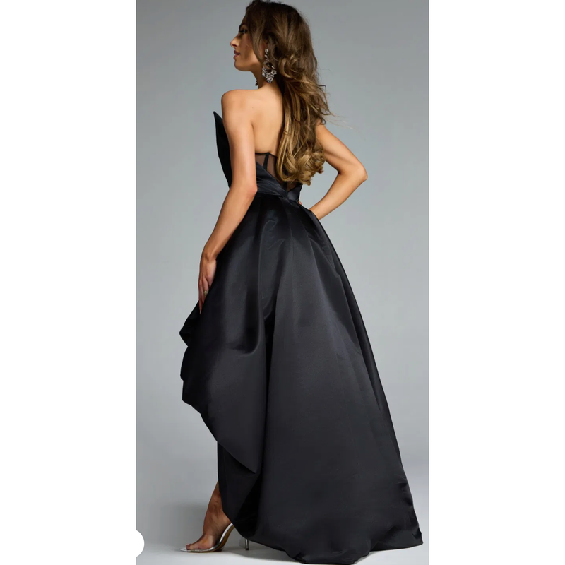 The Jovani 42357 Black Strapless High/Low Satin Gown