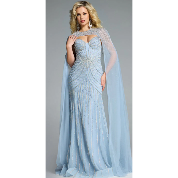 The Jovani 44840 Light Blue Embellished Sweetheart Gown with Draped Cape