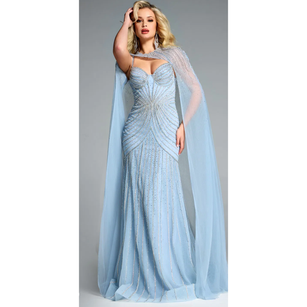The Jovani 44840 Light Blue Embellished Sweetheart Gown with Draped Cape