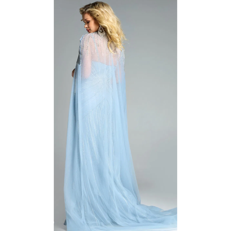 The Jovani 44840 Light Blue Embellished Sweetheart Gown with Draped Cape