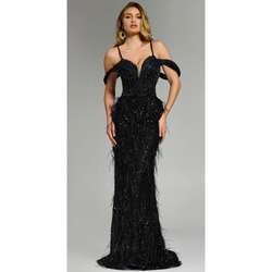 The Jovani 44848 Black Feathered Plunge Embellishment Gown