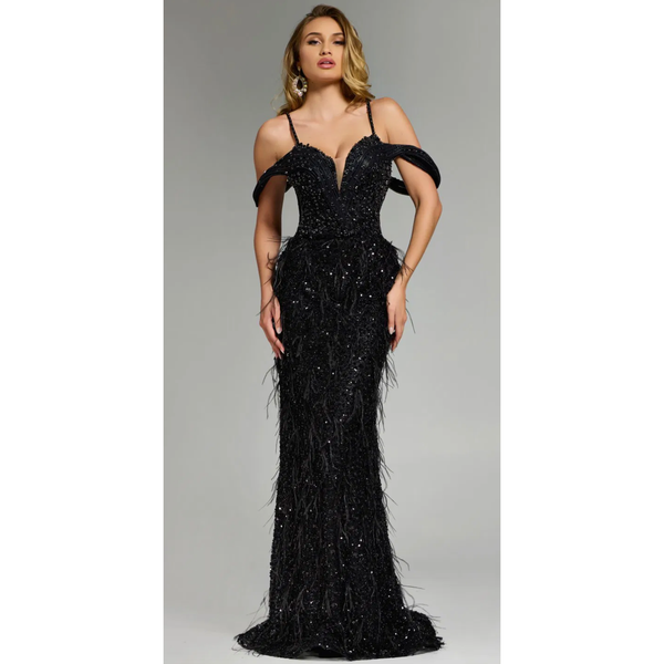 The Jovani 44848 Black Feathered Plunge Embellishment Gown