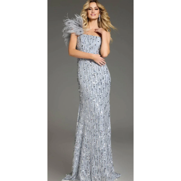 The Jovani 37386 Light Blue Feather One Shoulder Embellished Gown