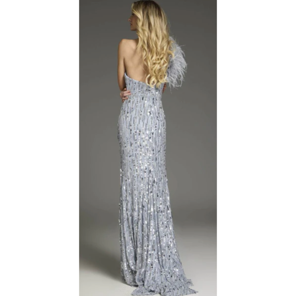 The Jovani 37386 Light Blue Feather One Shoulder Embellished Gown