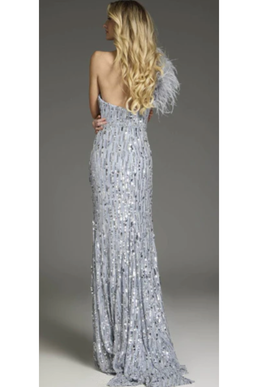 The Jovani 42426 Light Blue Feather One Shoulder Embellished Gown 6