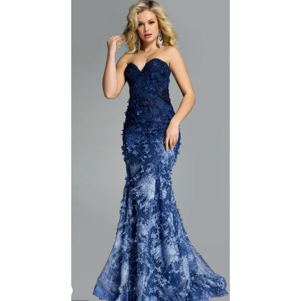 The Jovani 42740 Denim Blue Sweetheart Strapless Floral Appliqué Gown