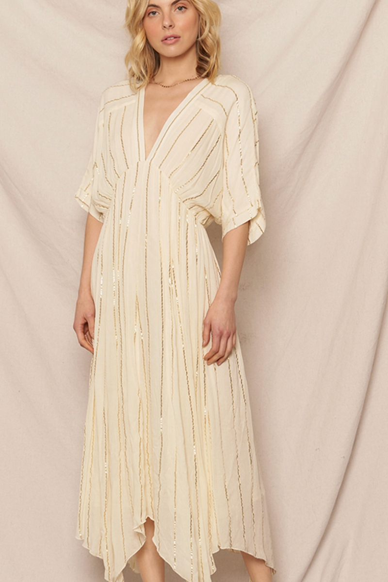 The Lucy Cream/Gold Lurex Striped Midi Dress