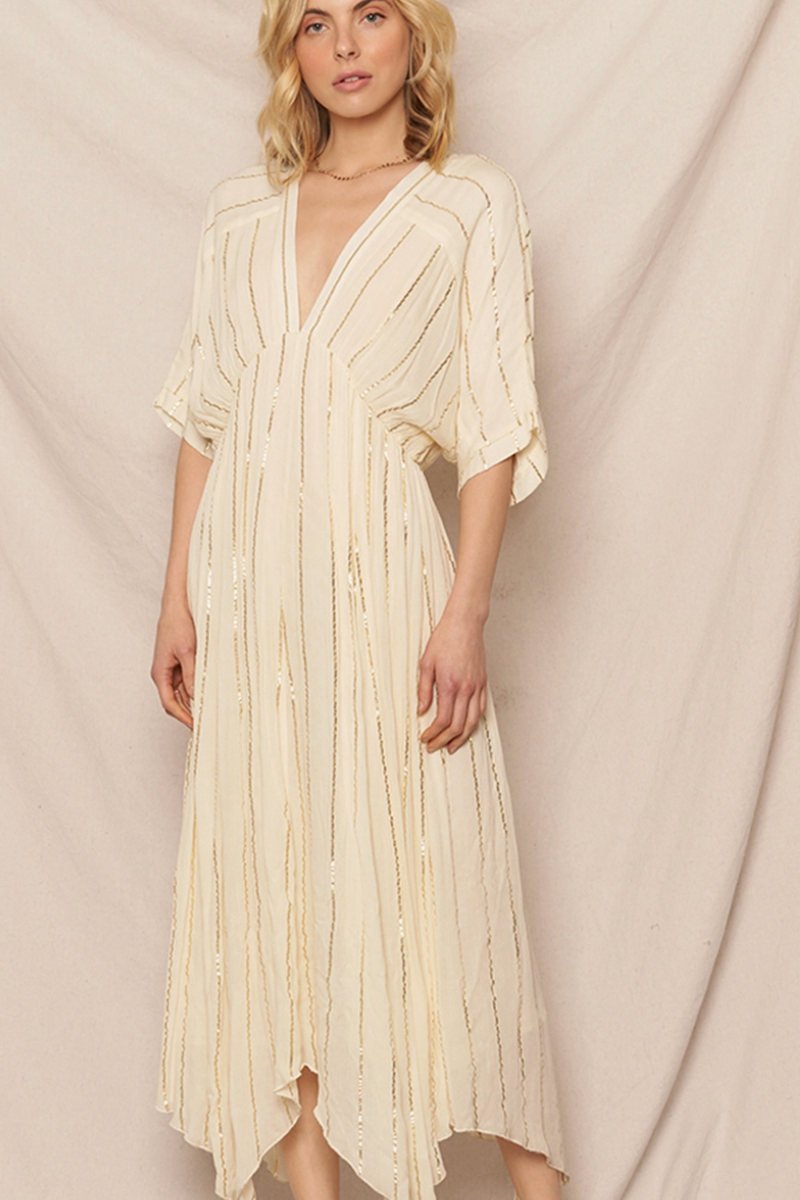 The Lucy Cream/Gold Lurex Striped Midi Dress Cason Couture The Lucy Cream/Gold Lurex Striped Midi Dress Cason Couture