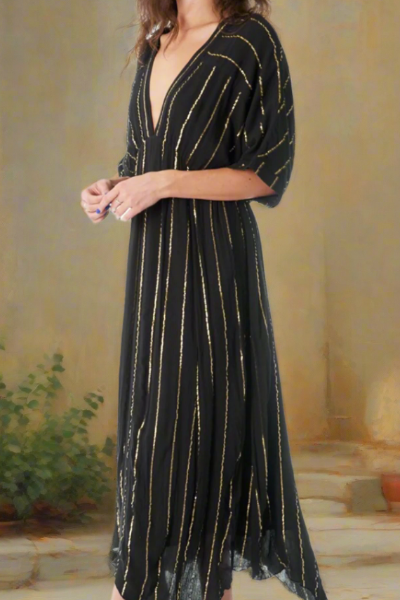 The Lucy Black/Gold Lurex Striped Midi Dress