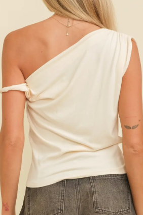 The Kaylee Ivory Off Shoulder Twist Detail Asymmetrical Top
