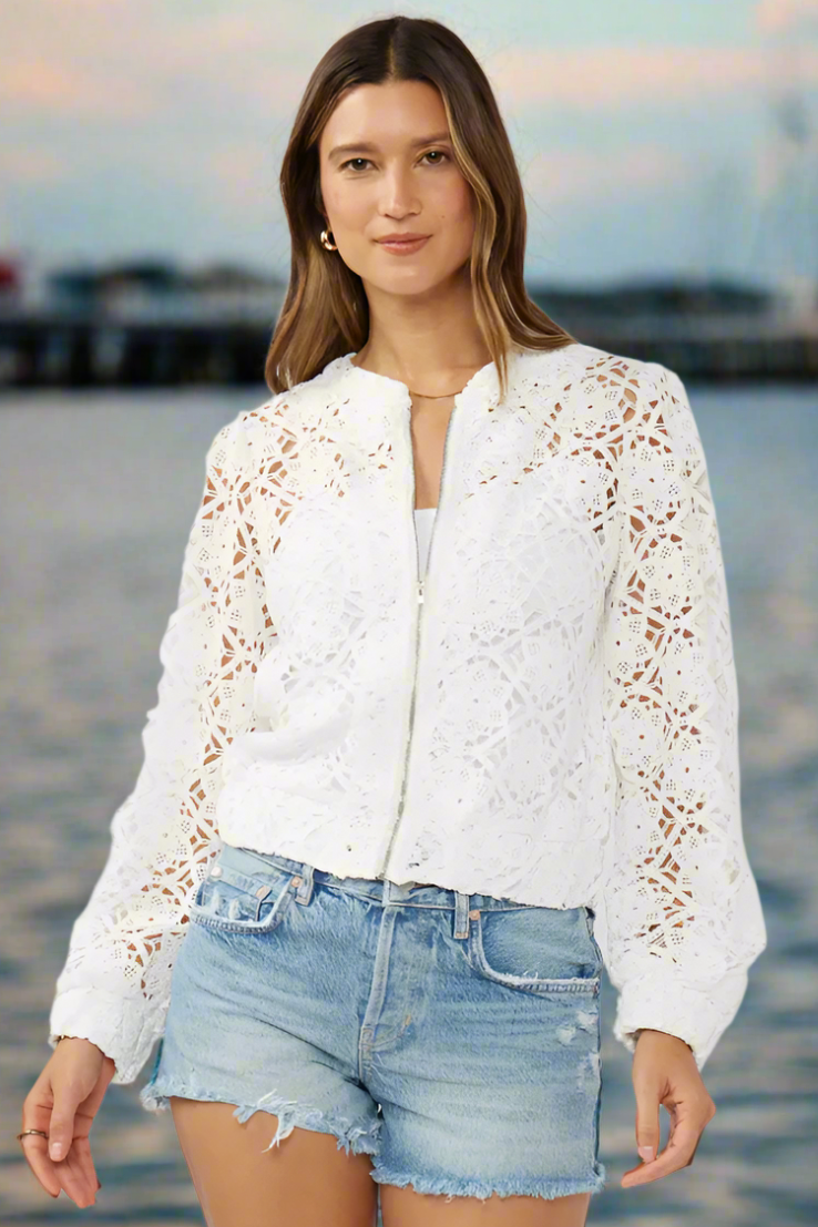 The Ada White Floral Crochet Lace Bomber Jacket