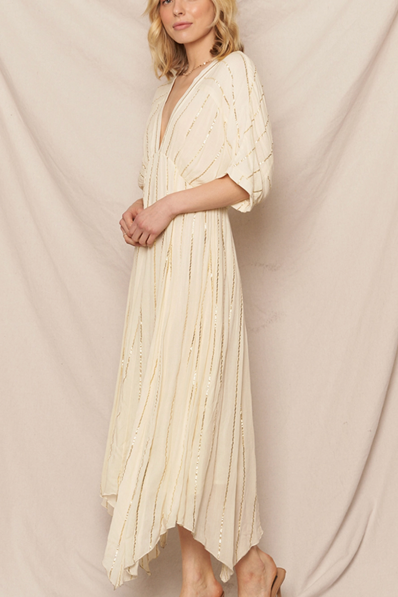 The Lucy Cream/Gold Lurex Striped Midi Dress