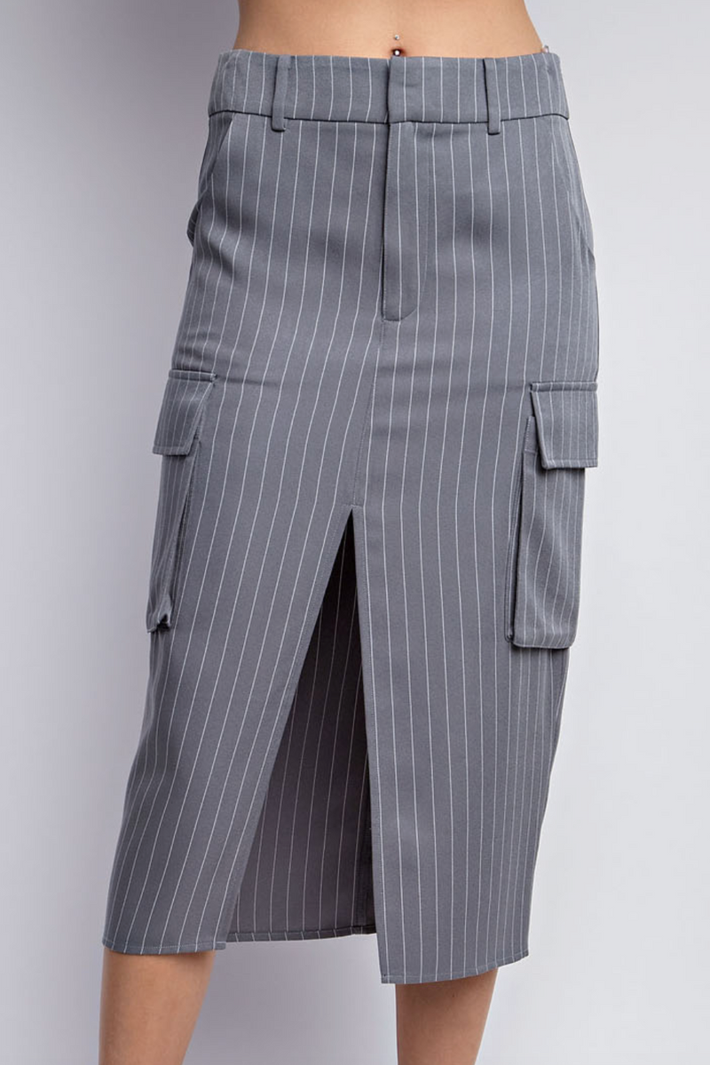 The Margot Gray Pinstripe Cargo Midi Skirt