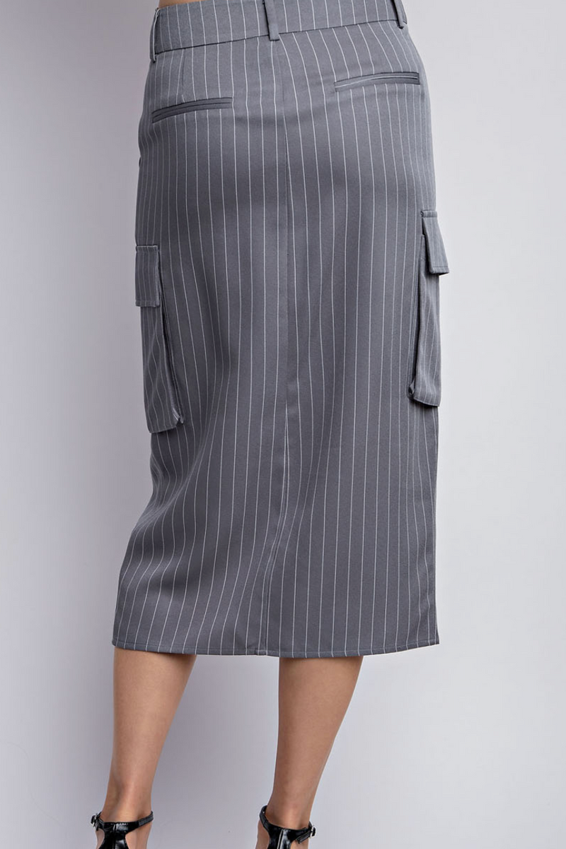 The Margot Gray Pinstripe Cargo Midi Skirt