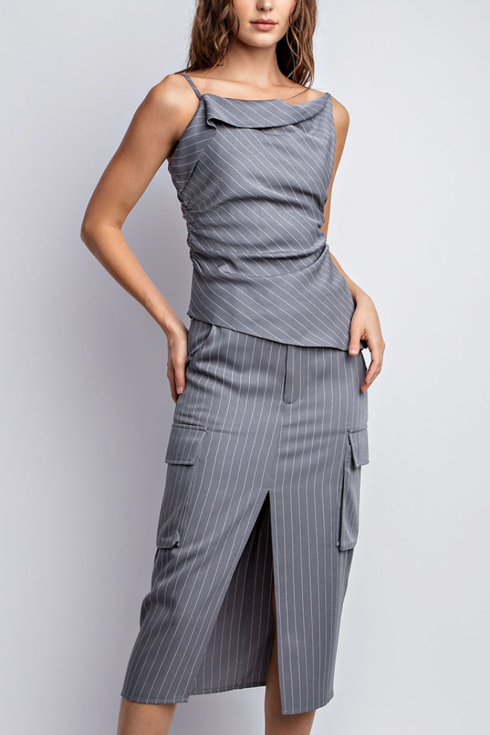 The Margot Gray Pinstripe Cargo Midi Skirt