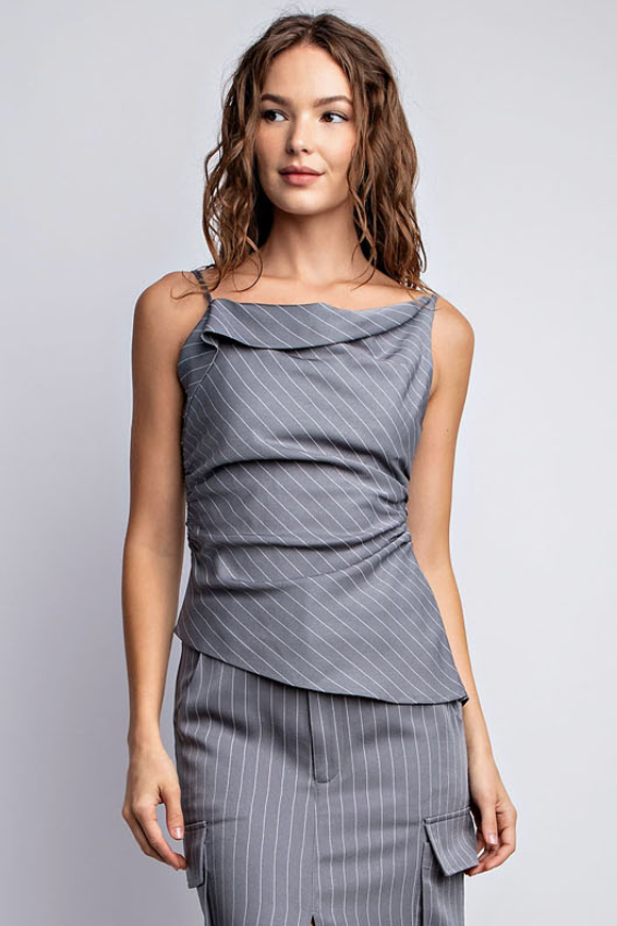 The Margo Gray Pinstripe Cowl Neck Asymmetric Cami Top