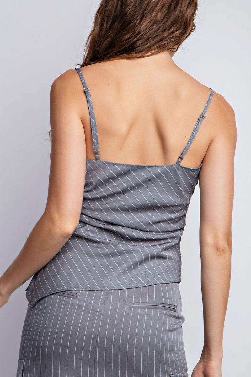 The Margo Gray Pinstripe Cowl Neck Asymmetric Cami Top