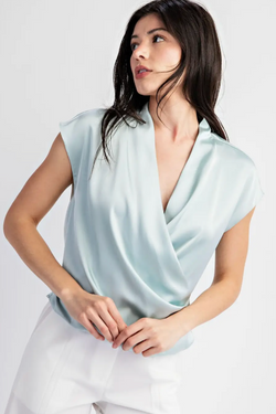 The Sea Breeze Aqua Satin Cowl Neck Wrap Top