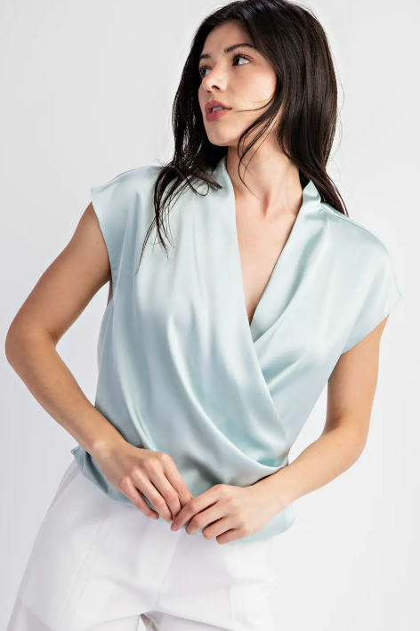 The Sea Breeze Aqua Satin Cowl Neck Wrap Top