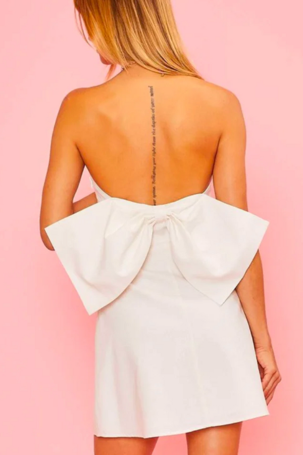 The Katie White Strapless Lace Bow Mini Dress