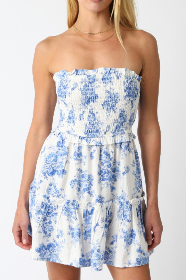 The Katrina Blue/White Floral Strapless Smocked Mini Dress
