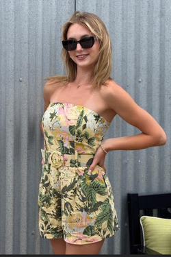 The Gracie Green Floral Strapless Belted Romper